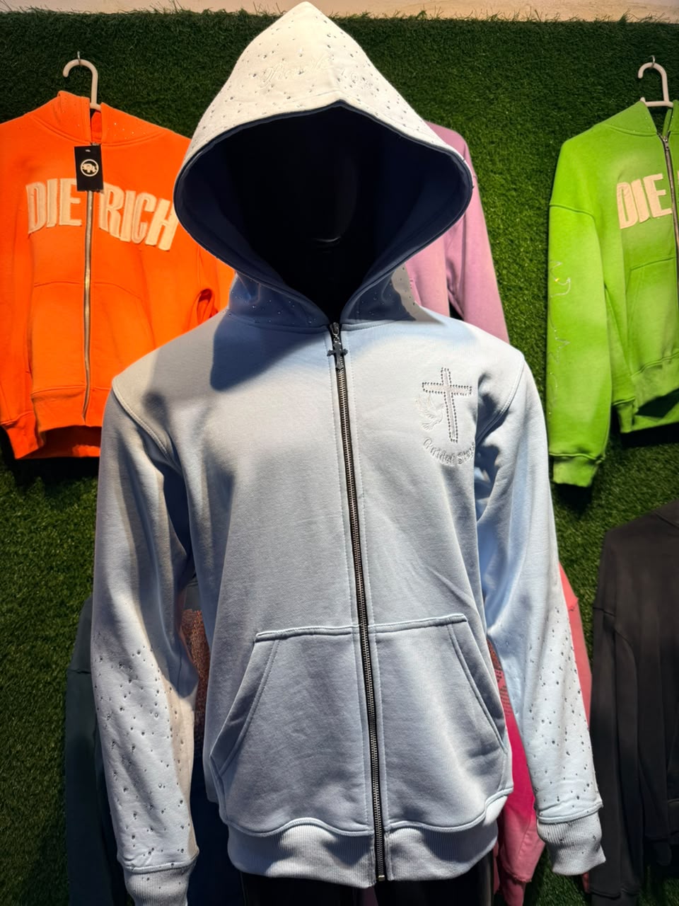 Baby Blue Rhinestone Proverbs 16:9 Zip Up hoodie