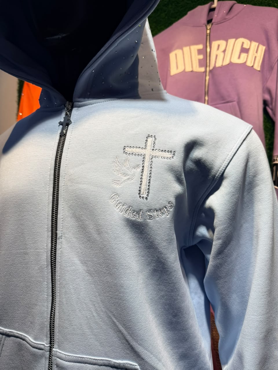 Baby Blue Rhinestone Proverbs 16:9 Zip Up hoodie