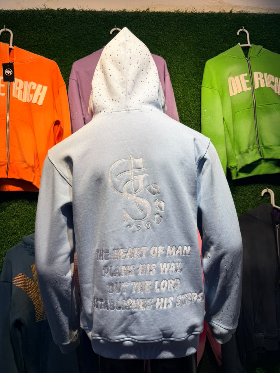 Baby Blue Rhinestone Proverbs 16:9 Zip Up hoodie
