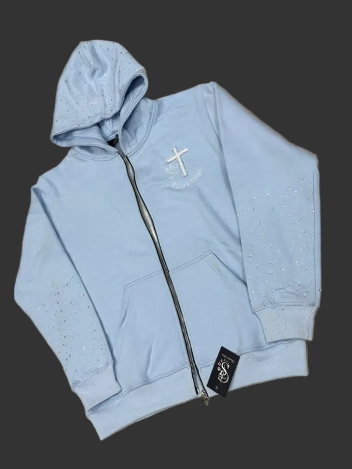 Baby Blue Rhinestone Proverbs 16:9 Zip Up hoodie