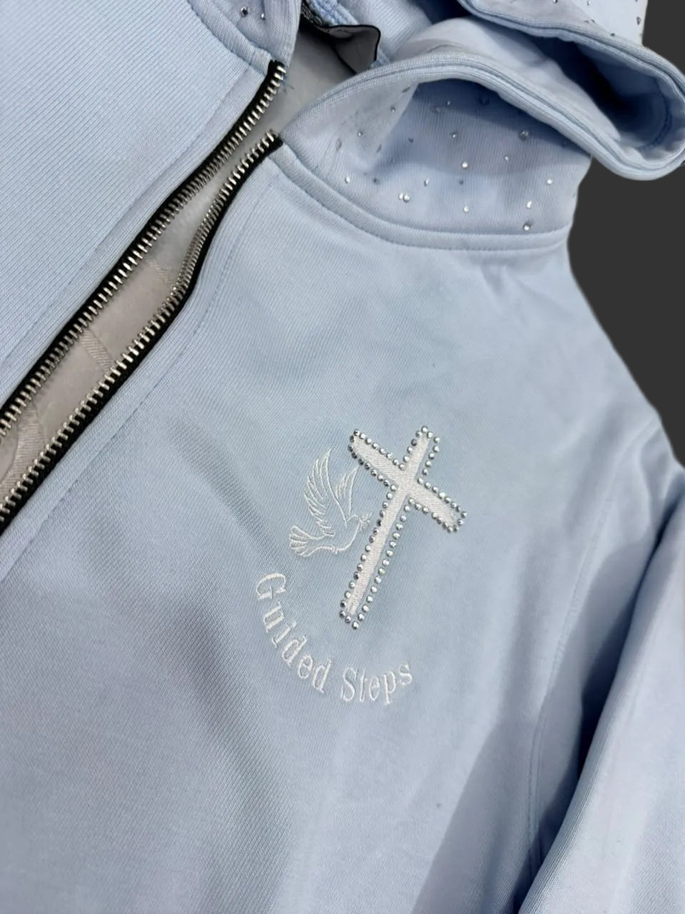 Baby Blue Rhinestone Proverbs 16:9 Zip Up hoodie
